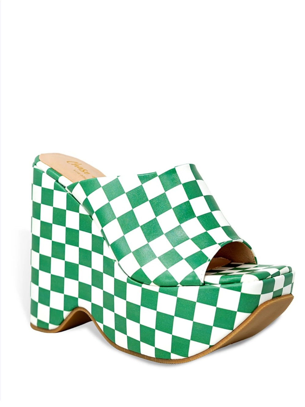 Chase + Chloe Los Angeles Green and White Checkered Platform Wedge Sandal